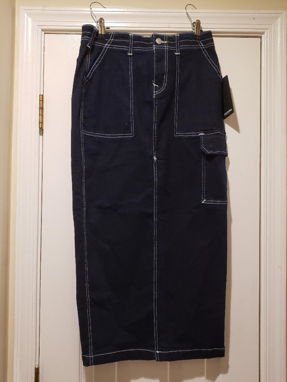True Religion Dark Wash Maxi Skirt with White Contrast Stitching